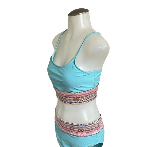 NWOT.Sky Blue Striped Patchwork Spaghetti Strap High Waist Bikini Swimsuit Size - Picture 4 of 11
